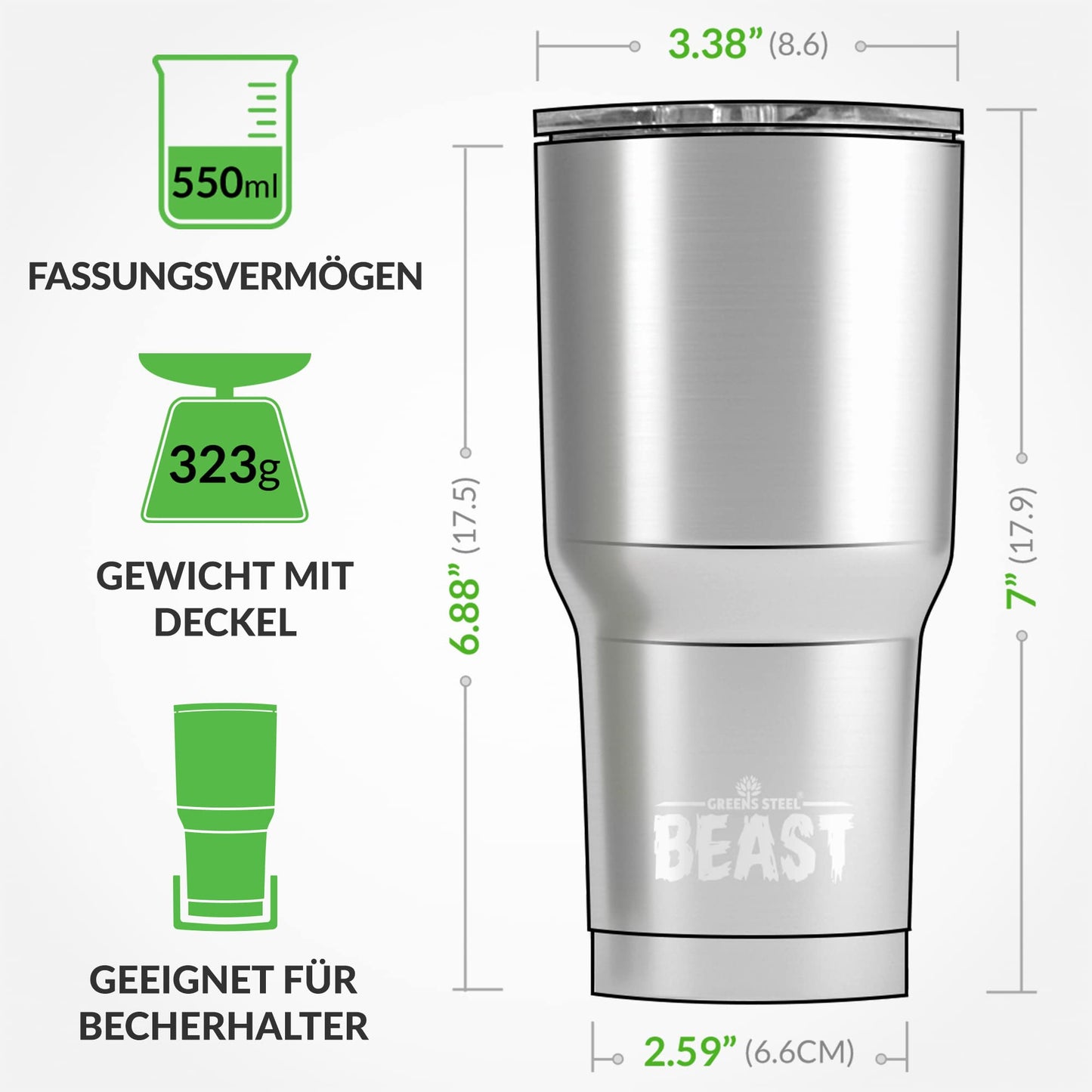 Edelstahl Thermobecher 550 ml, Vakuumisoliert, Doppelwandig, Wiederverwendbar, Mit 2 Strohhalmen & Reinigungsbürste, Reisebecher für Heiß- & Kaltgetränke