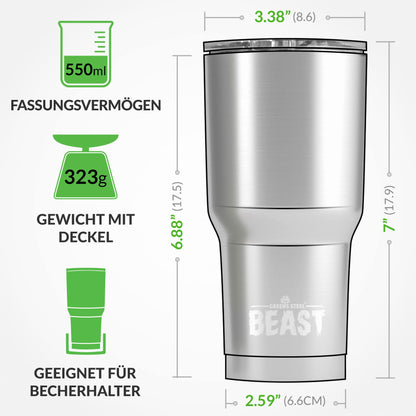 Edelstahl Thermobecher 550 ml, Vakuumisoliert, Doppelwandig, Wiederverwendbar, Mit 2 Strohhalmen & Reinigungsbürste, Reisebecher für Heiß- & Kaltgetränke